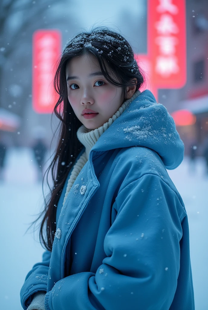 8k Beautiful Asian woman in blue winter clothes, in the snow surrounding her body, with a neon color behind