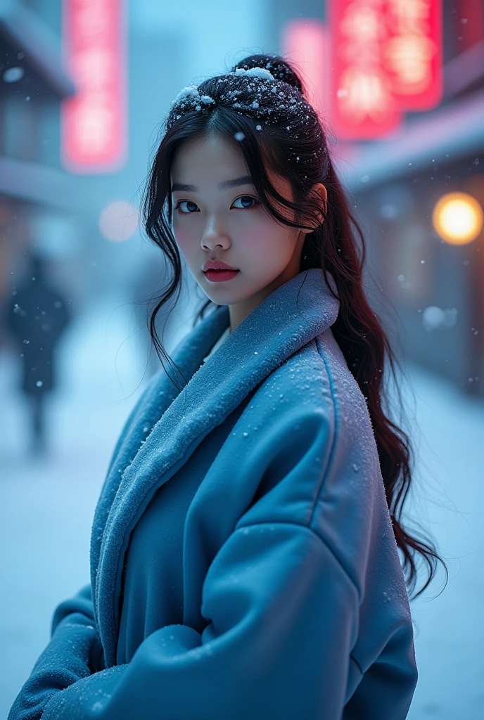 8k Beautiful Asian woman in blue winter clothes, in the snow surrounding her body, with a neon color behind
