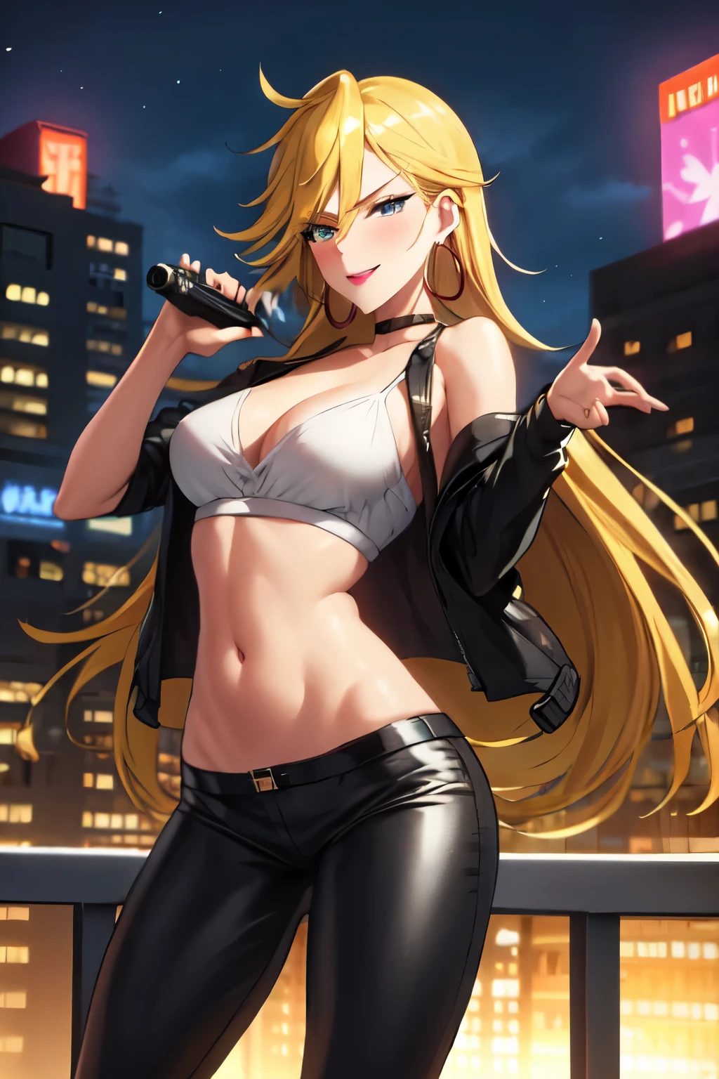 psgpanty, , hoop earrings, choker, blue eyes, blush, lipstick, long hair, Hot girl, baddie, staring, glaring, bad attitude, mean girl, crazy, smoking, outdoors, rooftop, cityscape, building, railing, night, night sky, scenery, city lights, smile, masterpiece, best quality, highly detailed, a girl with a gun, sexy gaze, badass
pose , smile, guns blazing, anime girl with long hair, beautiful long
haired girl, navel, evil expression, exposed belly, exposed navel, exposed midriff, exposed lower belly,
long black pants, crop top, cleavage, unbuttoned leather pants ,open fly, low rise black leather pants,
leather jacket, holding a gun, holding pistol,