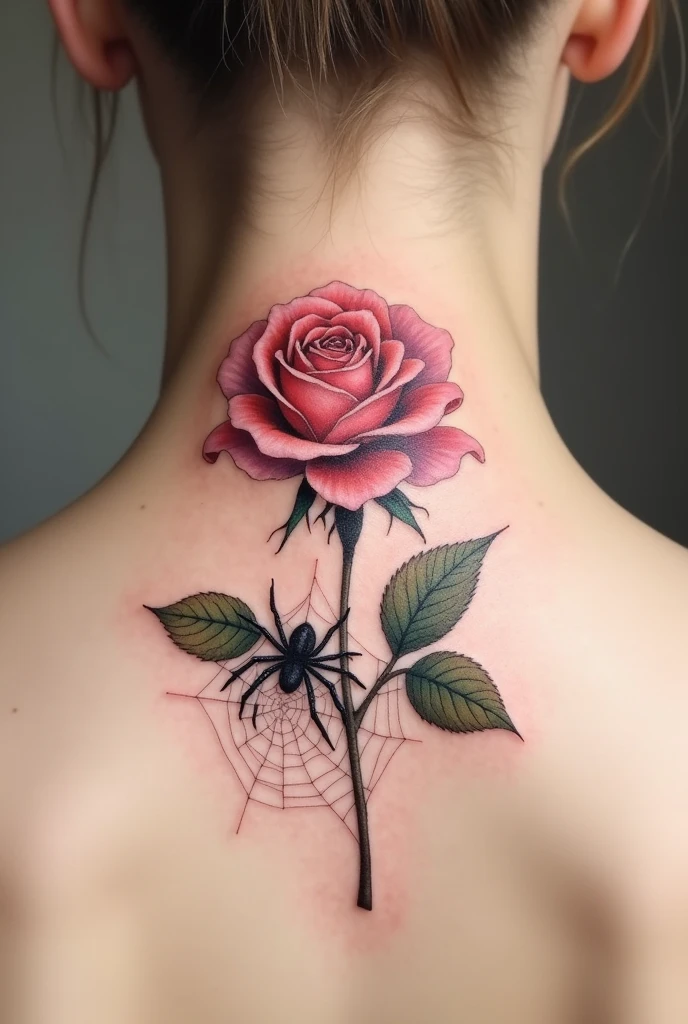 Give me a tattoo for the neck of a rose and from one of its leaves a spider is making its smallest web