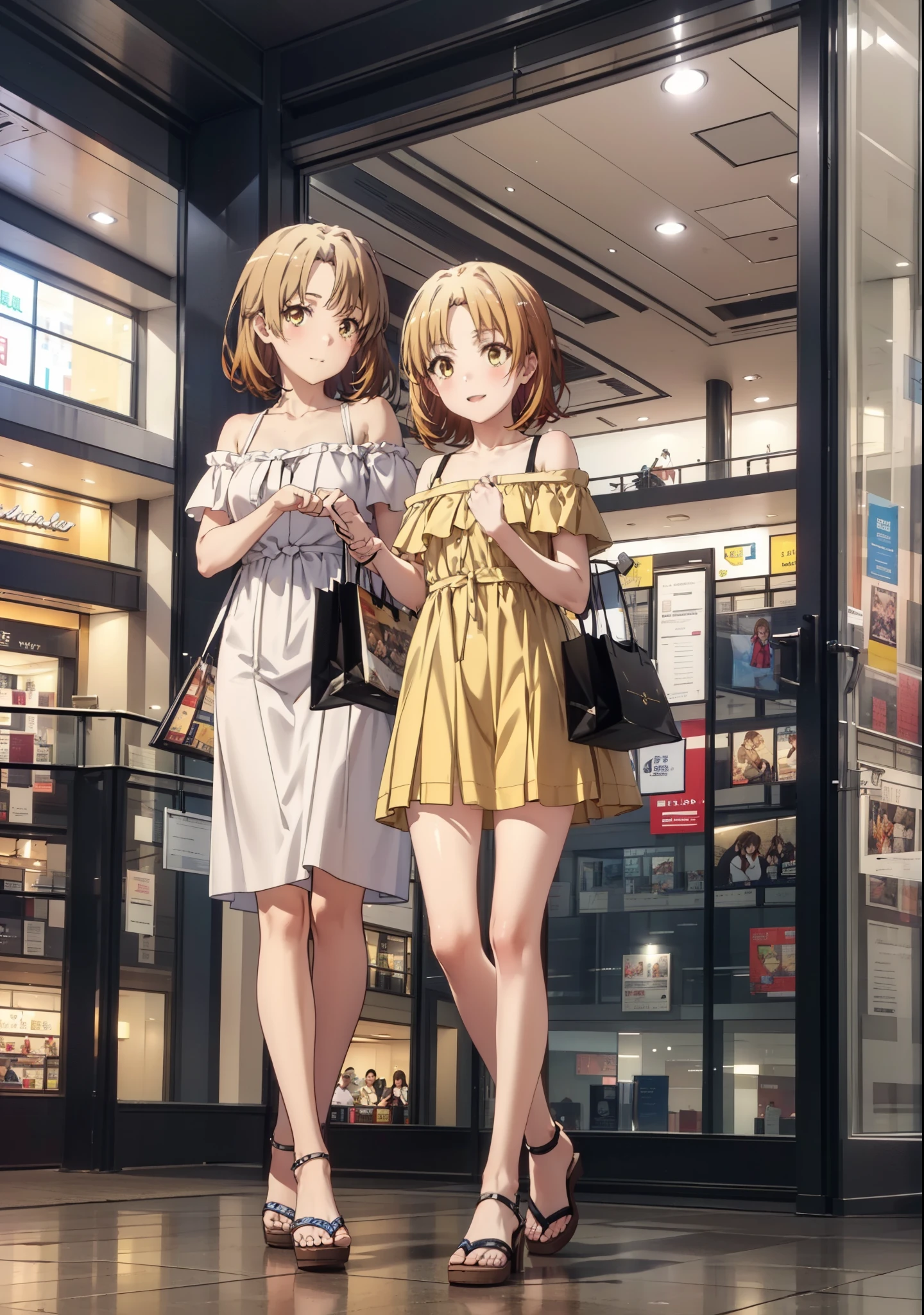 Irohaisshiki, isshiki iroha, short hair, Brown Hair, (Brown eyes:1.5), smile,Open your mouth,smile,Off-the-shoulder yellow dress,mini skirt,Cute heeled sandals,Walking,whole bodyがイラストに入るように,
break indoors,Shopping mall,
break looking at viewer,whole body,
break (masterpiece:1.2), Highest quality, High resolution, unity 8k wallpaper, (figure:0.8), (Beautiful attention to detail:1.6), Highly detailed face, Perfect lighting, Highly detailed CG, (Perfect hands, Perfect Anatomy),