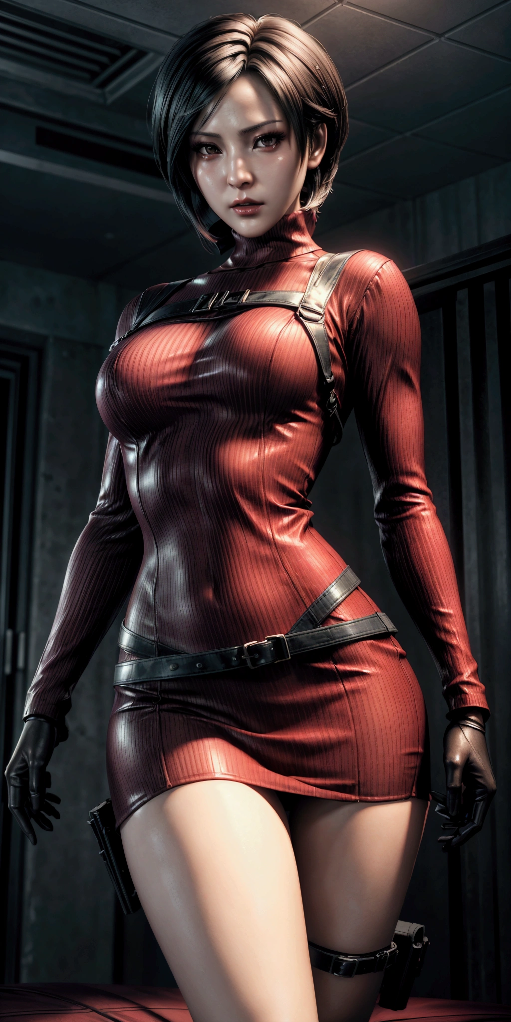 Ada wong, resident evil art, realistic skin, (detailed pretty face), beautiful face, thin narrow waist, medium round breatst, red tight dress, military straps and belts, ribbed sweater, realistic, sexy pose, (open beauty legs), ultra realistic