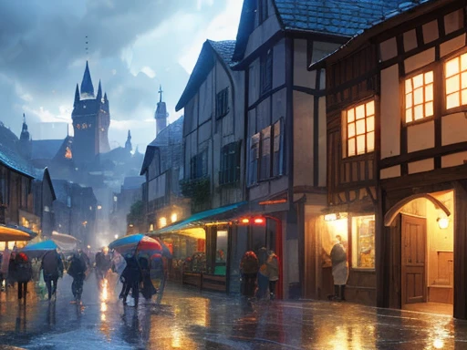 Crie uma medieval city, with several houses, a bigger castle "of the city baron", several houses and shops, trading stalls. This city rains constantly, chama a cidade da Raby, cidade da tempest. RPG medieval, medieval city, little town, tiny city. hinterland, inner city, Raby, at night, grey sky, lightning strikes, tempest, wet floor, wet floor, rainy sky, medieval houses, animation, drawning, drawning medieval, RPG