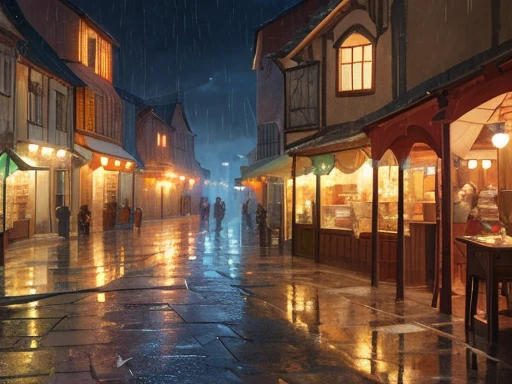 Crie uma medieval city, with several houses, a bigger castle "of the city baron", several houses and shops, trading stalls. This city rains constantly, chama a cidade da Raby, cidade da tempest. RPG medieval, medieval city, little town, tiny city. hinterland, inner city, Raby, at night, grey sky, lightning strikes, tempest, wet floor, wet floor, rainy sky, medieval houses, animation, drawning, drawning medieval, RPG