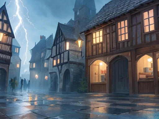 Crie uma medieval city, with several houses, a bigger castle "of the city baron", several houses and shops, trading stalls. This city rains constantly, chama a cidade da Raby, cidade da tempest. RPG medieval, medieval city, little town, tiny city. hinterland, inner city, Raby, at night, grey sky, lightning strikes, tempest, wet floor, wet floor, rainy sky, medieval houses, animation, drawning, drawning medieval, RPG