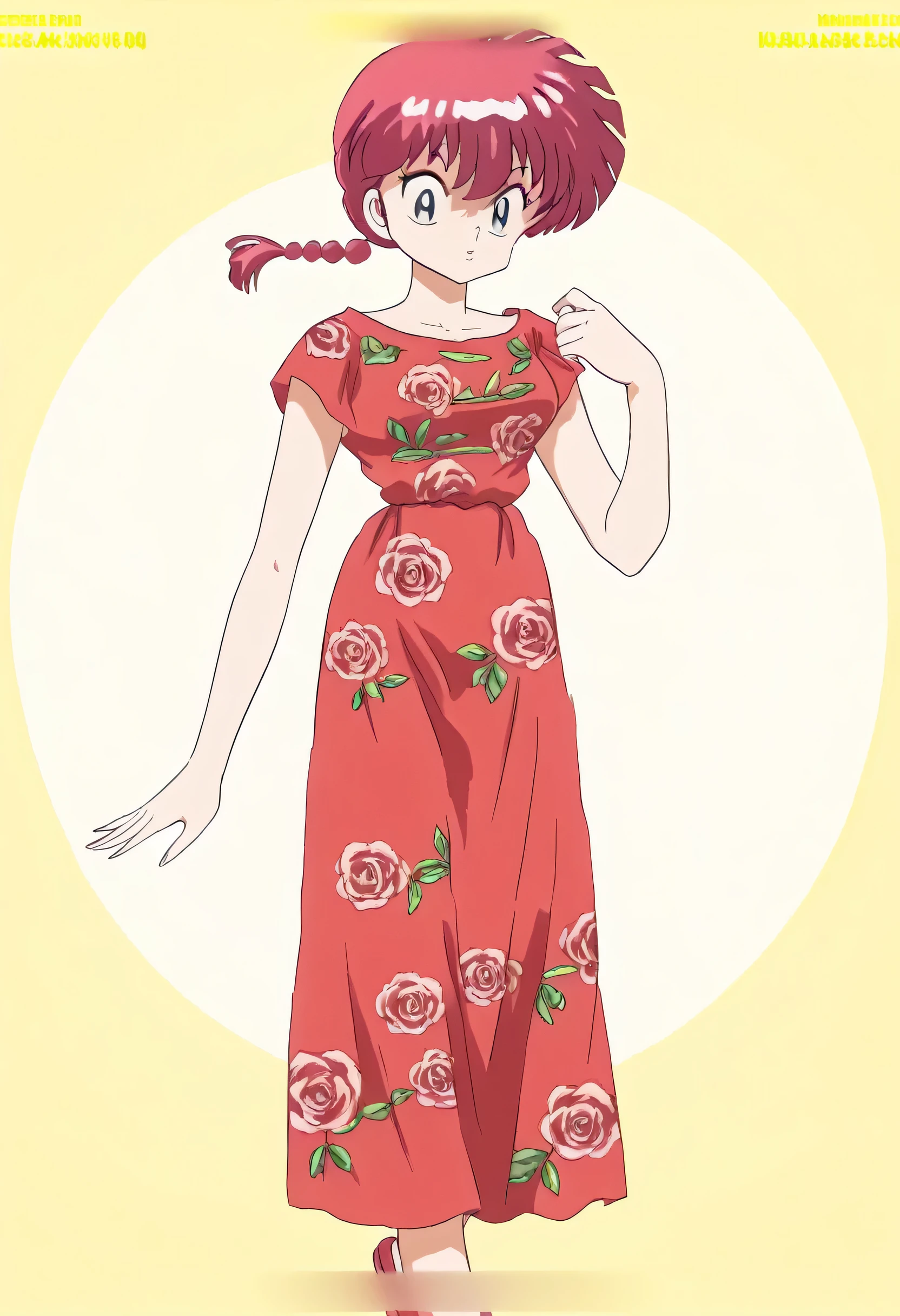 comics(Ranma 1/2),Using the female Saotome Ranma prototype, 1 girl,Clear contours, Colorful full body photos, (Beautiful and delicate eyes), (pretty face:1.3), childish face, (Red hair), short hair, (Braided ponytail), ((Bangs)), bumpy Bangs, blue gray eyes, big eyes,(Long dress in red print:1.2),(Floral Print),(White long-sleeved shirt), (Practical:1.7),Face the camera head-on,One foot is slightly bent against the calf of the other leg,Make a small triangle,Make a Y with your hands。