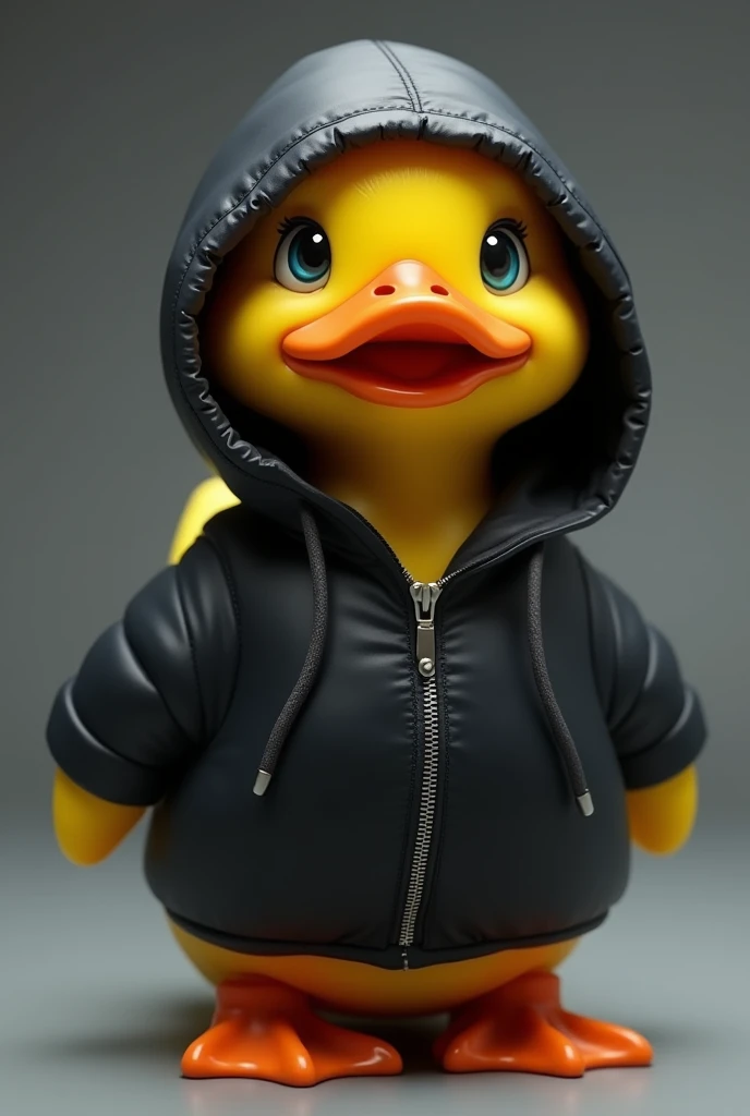 the duck has bright yellow plumage., but instead of its usual plumage, He is wearing a black hooded jacket that fits him very well... The hood covers your head and neck., giving it a very cool and modern look. the duck'eyes shine with curiosity, and their wings are ready to unfold at any moment.