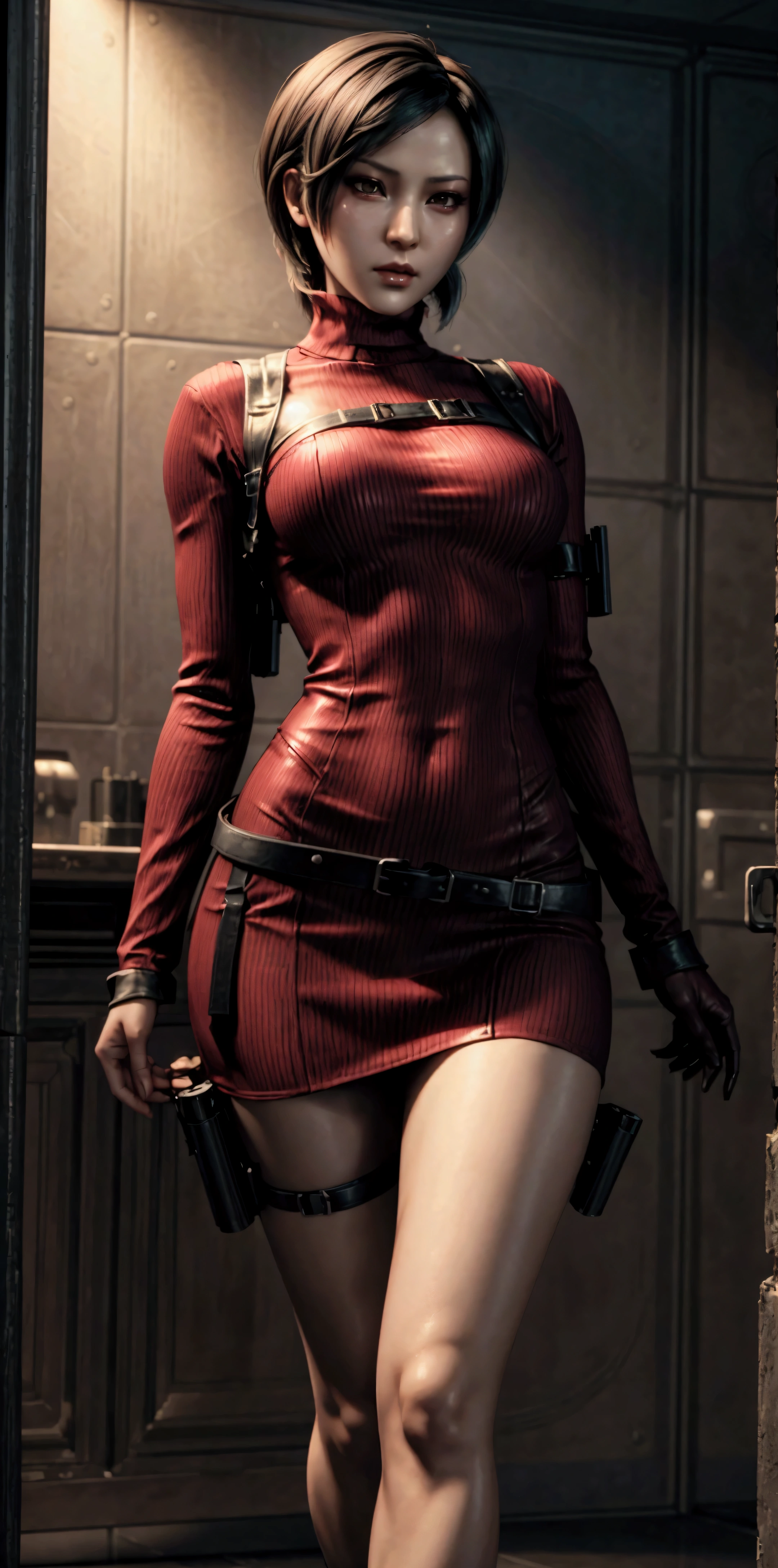 Ada wong, resident evil art, realistic skin, (detailed pretty face), beautiful face, thin narrow waist, medium round breatst, red tight dress, military straps and belts, ribbed sweater, realistic, sexy pose, (open beauty legs), ultra realistic
