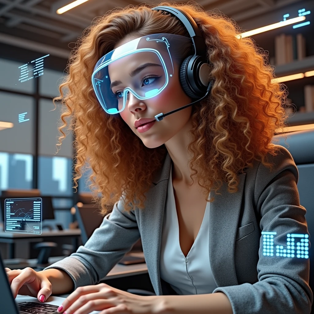 Create an image of a young woman resembling Andy Allo, working as a customer service representative in a futuristic setting. She has medium-length, curly hair with a golden brown hue and a warm skin tone. She is wearing a casual yet professional outfit, like a fitted jacket over a simple blouse. The setting around her is a high-tech office space with holographic screens and digital interfaces floating around her. She is seated at a sleek desk with a headset on, and her expression is focused yet approachable, capturing the charm and elegance similar to Andy Allo. The background features large windows showing a cityscape with tall buildings and a bright, clear sky.