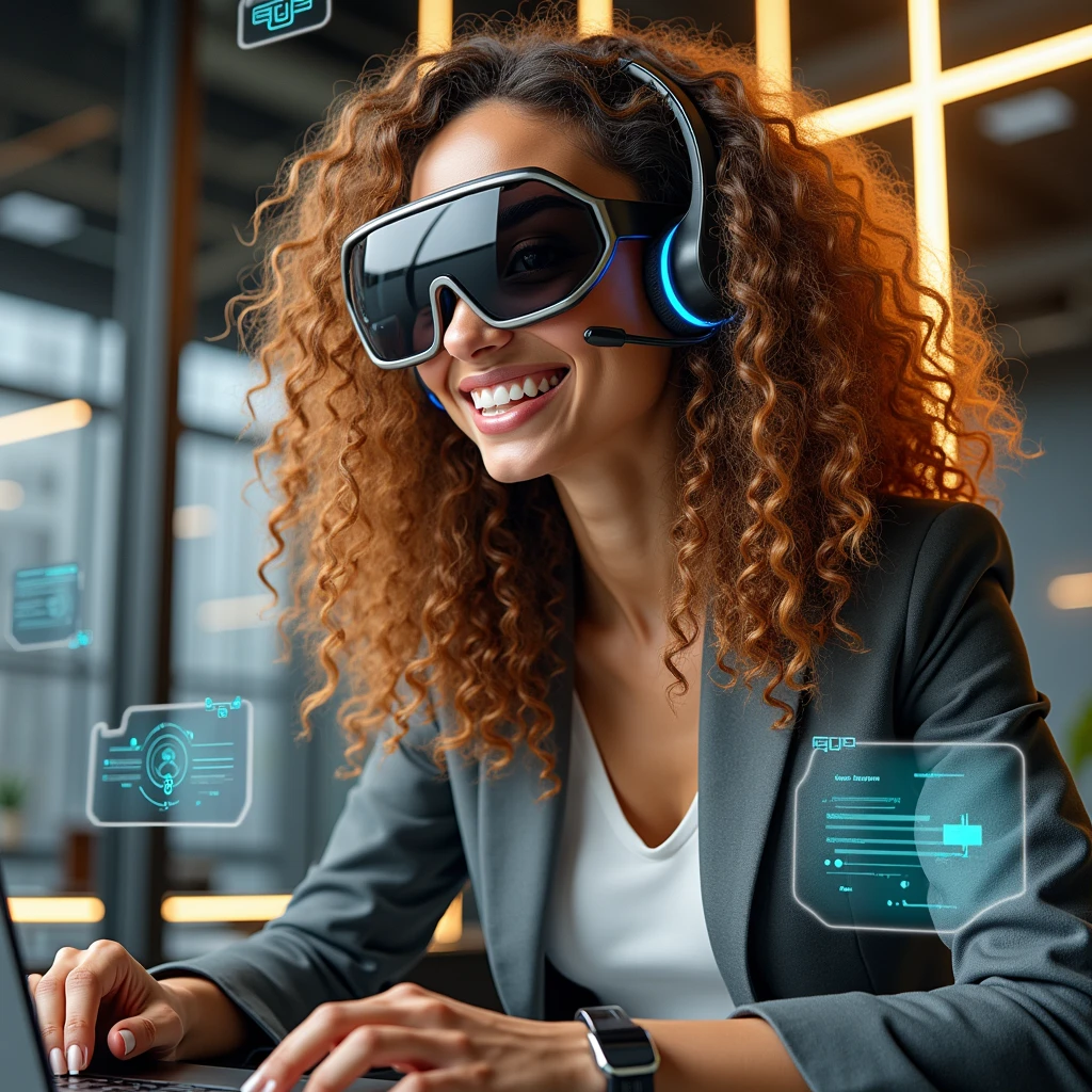 Create an image of a young woman resembling Andy Allo, working as a customer service representative in a futuristic setting. She has medium-length, curly hair with a golden brown hue and a warm skin tone. She is wearing a casual yet professional outfit, like a fitted jacket over a simple blouse. The setting around her is a high-tech office space with holographic screens and digital interfaces floating around her. She is seated at a sleek desk with a headset on, and her expression is focused yet approachable, capturing the charm and elegance similar to Andy Allo. The background features large windows showing a cityscape with tall buildings and a bright, clear sky.