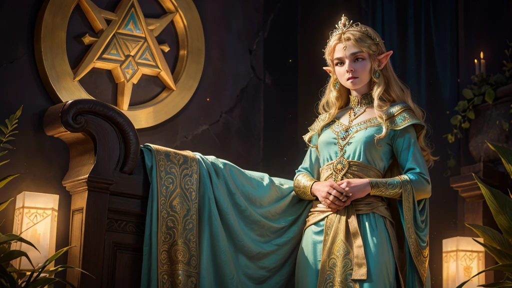 "A graceful portrait of Princess Zelda from The Legend of Zelda, focusing on her full upper body as she stands elegantly. Zelda is dressed in her royal attire, a flowing gown that is adorned with intricate golden patterns and symbols of the Triforce. Her long, blonde hair is styled in soft waves, with a delicate tiara resting atop her head, symbolizing her status as the princess of Hyrule. She stands with poise, her posture straight and regal, her hands gently resting in front of her. Her expression is calm and serene, yet her violet eyes convey a sense of wisdom and quiet strength. The soft glow of the surroundings enhances her ethereal presence, making her appear almost otherworldly, a true embodiment of grace and power."