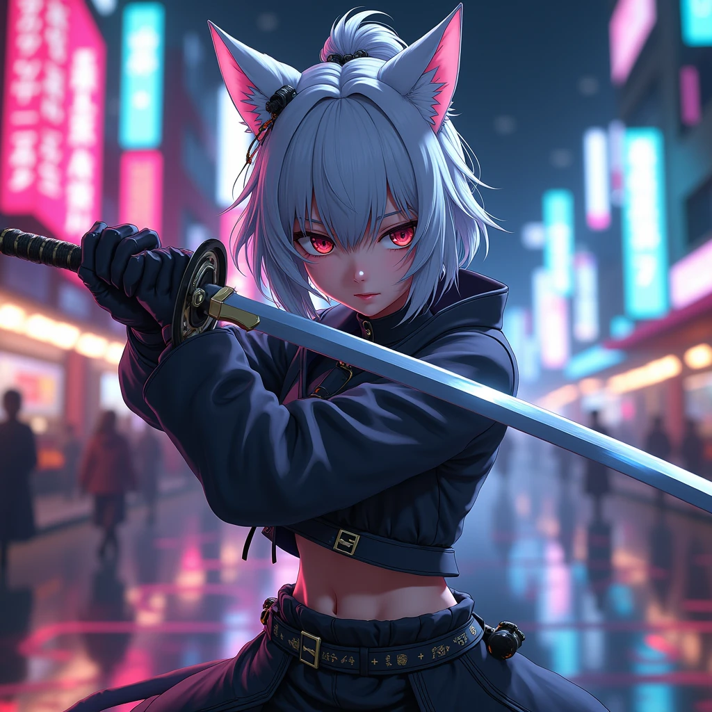 Anime character holding a sword in the night city, Amazing anime 8k, Very beautiful cyberpunk samurai, Anime Style 4k, knife zero video game character, she is holding a knife sword, knife, Artjam and Athi Gairan, dramatic wielding knife pose, Lostrun 8k, unsheathing her knife, Cat ear, Silver Hair, 3D Rendering,