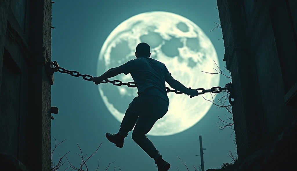 A powerful image of a person breaking through a symbolic barrier or chain, with the Full Super Moon in the background. The scene is dynamic, with the moon’s light highlighting the moment of liberation. The setting is a dramatic cityscape or personal space, emphasizing the theme of breaking free from constraints. --ar 16:9