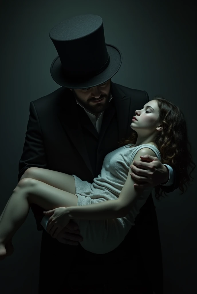 Man in top hat and short beard holding a teenage girl who passed out during the night 