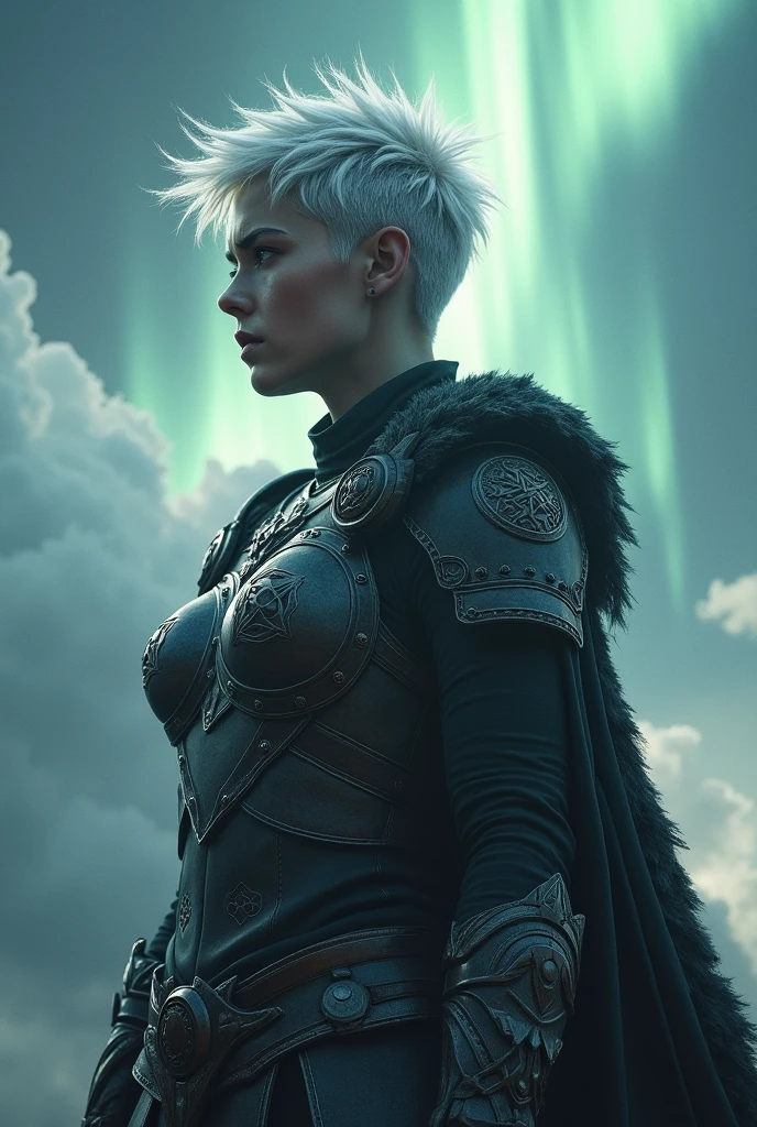 Valkyrie with white hair pixie cut hair style