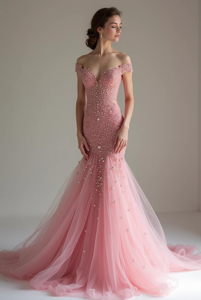 European woman model with hairstyle wearing long dress with pink rhinestones. Show the whole dress.