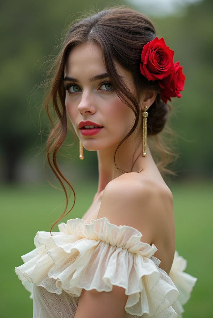 Woman Jennifer connelly Young 20 years old model long hair Brow bun with red rose in hair n blue eyes dress Pink ballet flamenco sevillana ruffles white lace long earrings gold in park 