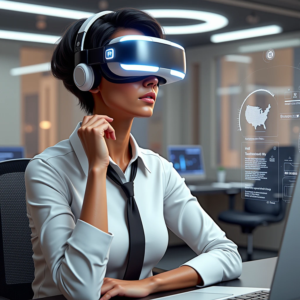 Create a photorealistic image of a young woman resembling Andy Allo, wearing a VR headset while working as a customer service representative in a futuristic setting. She has short, black hair and a warm skin tone. The woman is seated at a sleek desk with holographic interfaces surrounding her, indicating she is deeply focused on her tasks. Her posture and facial expression, visible beneath the headset, show intense concentration. The background includes a high-tech office space with large windows displaying a futuristic cityscape. The atmosphere should convey a sense of immersion and focus, with the VR technology enhancing her work environment.