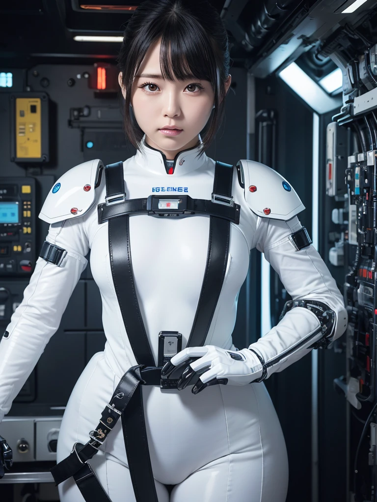 masterpiece, best quality, extremely detailed, Japanese android girl,Plump ,control panels,Mechanical Hand,Robot arms and legs, robot assembly plant,white robot body,blunt bangs,skirt,black knee high socks,blue eyes
