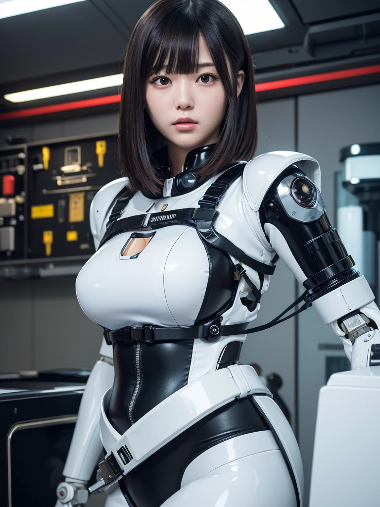 masterpiece, Highest quality, Very detailed,Portraiture, Japanese Android girl,Plump,Slightly thicker,Control panel,robot arms,robot,Android,cyborg,white robot body,Blunt bangs,robot repair plant,Black bodysuit,cockpit,Harness Belt