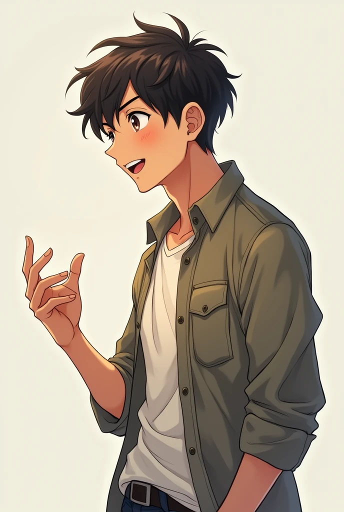An handsome young man talking like he was talking to someone, his body language is open, he wears casual outfit, full body, realistic portrait, anime style, profile or side view