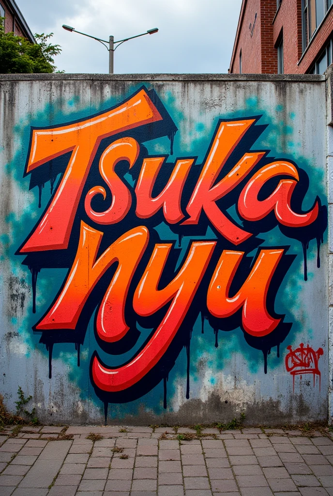 There is a graffiti with the words Tsuka Nyu 

