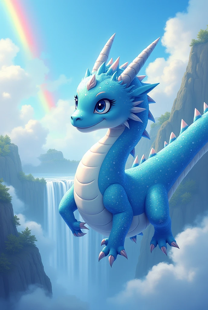 masterpiece, Highest quality,Japan Dragon God、Blue dragon、Rin々A gentle and calm expression、With fluffy fur。Its face is facing upwards and it is flying towards the sky。No wings、Sparkling and kind eyes、It has a long, slender body like a snake, with thin, short limbs and a large distance between its front and back legs.、The background is a waterfall and a rainbow、The body is so long that only the head and front legs fit on the screen.