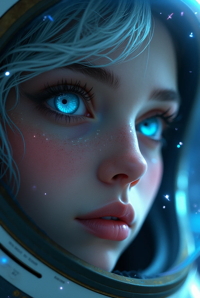 (Close-up of a better masterpiece:1.5)0.9], (Space and astronauts:1.2) (Messy silver hair:1.1) (Heterochromia xanthochromia and blue eyes:1.2) (Space Helmet:1.0) (Colored stars in the eyes:1.0) (A radiant glow:1.1) (thick lips:0.9)