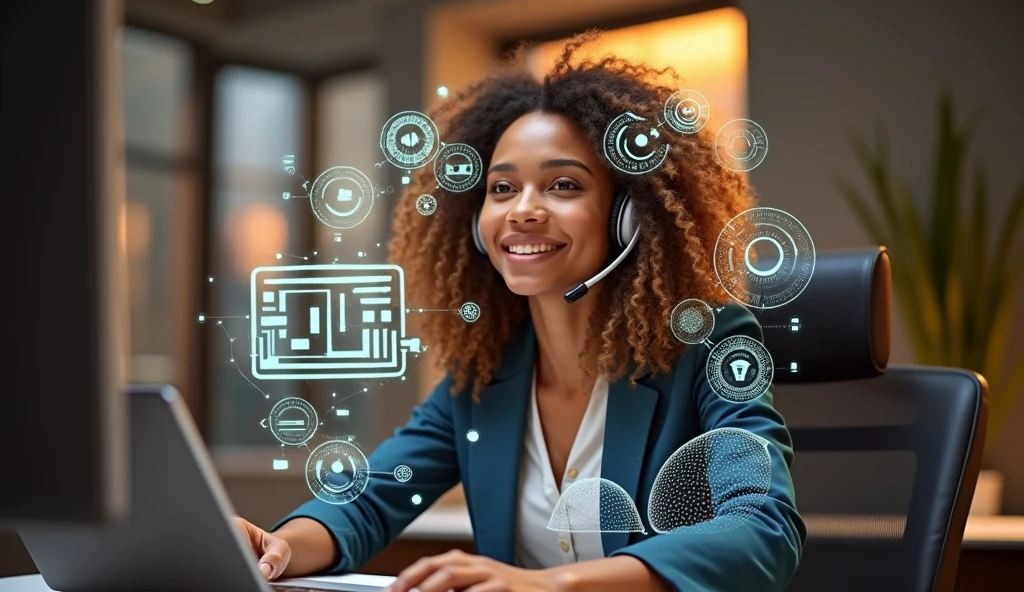 Create an image of a young woman resembling Andy Allo, working as a customer service representative in a futuristic setting. She has medium-length, curly hair with a golden brown hue and a warm skin tone. She is wearing a casual yet professional outfit, like a fitted jacket over a simple blouse. The setting around her is a high-tech office space with holographic screens and digital interfaces floating around her. She is seated at a sleek desk with a headset on, and her expression is focused yet approachable, capturing the charm and elegance similar to Andy Allo. The background features large windows showing a cityscape with tall buildings and a bright, clear sky.