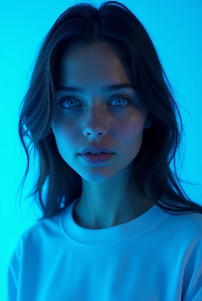 A realistic image of a woman with dark brown hair, blue eyes, very beautiful, with a white sweatshirt, parts, phosphorescent blue background 