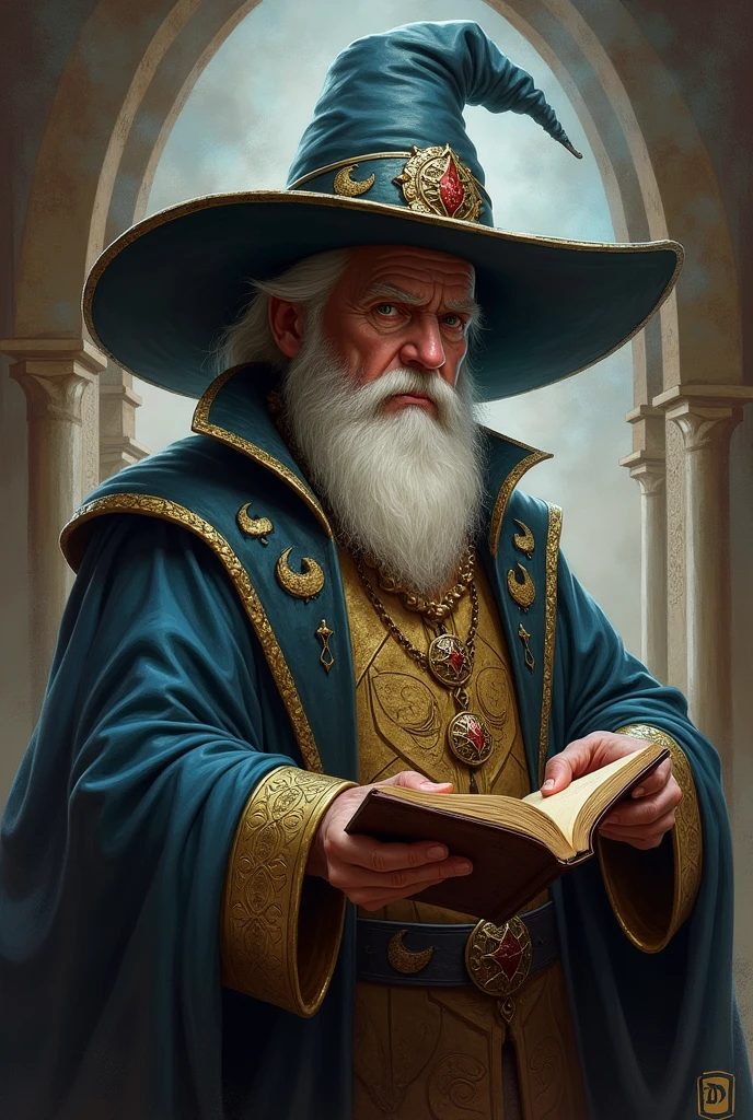 Chaplain Roger, mago do Big hat, wizard sorcerer, Big hat, fantasy RPG, dungeons and dragons, pintura de um mago de Big hat