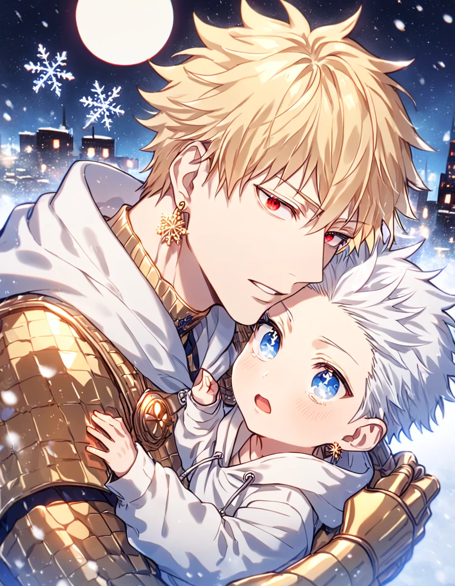 absurdres, highres, ultra detailed, HDR, master piece, best quality, extremely detailed, detailed eyes, detailed face, Gilgamesh, blonde hair, slicked up, ruffled hair, golden earrings, expressive red eyes, Fate Stay Night, Gojou Satoru as a , white hair, expressive blue eyes, white eyelashes, a adult man together with a boy of tenaoi, gay couple, handsome, fantasy, golden armor, white hoodie, winter, snow, snowflakes, snowing, city, buildings, dark fantasy, starry sky, moon, Jujutsu Kaisen