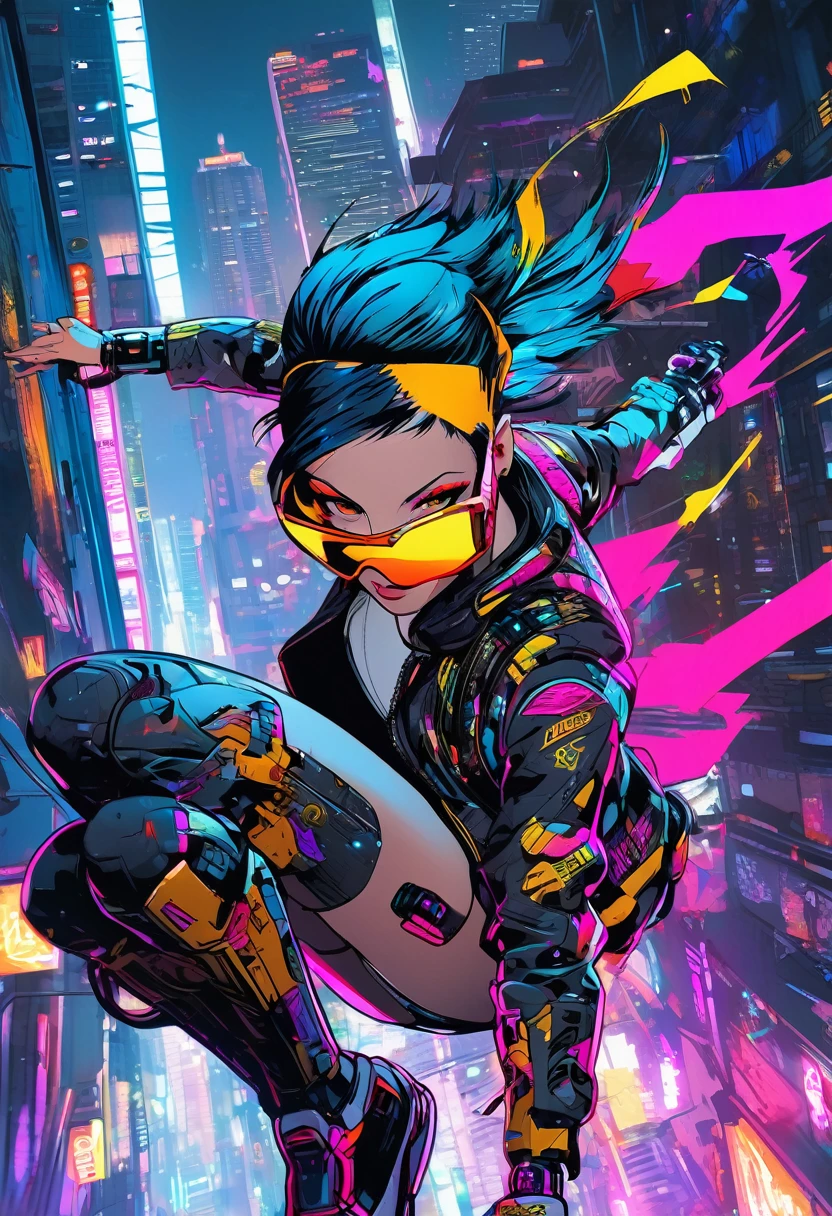 1 cyberpunk girl, sunglasses, short hair, robotic arm, tattoo on a large part of the body , jump from a building ,big cyberpunk city at night in background, detail richness, masterpiece, best quality, explosion of flashy colors , cyberpunk 2077 style