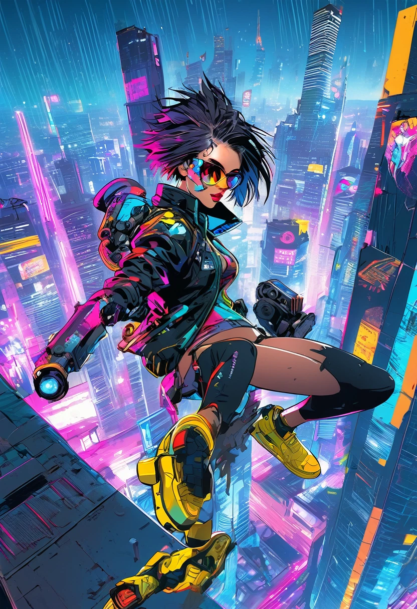 1 cyberpunk girl, sunglasses, short hair, robotic arm, tattoo on a large part of the body , jump from a building ,big cyberpunk city at night in background, detail richness, masterpiece, best quality, explosion of flashy colors , cyberpunk 2077 style