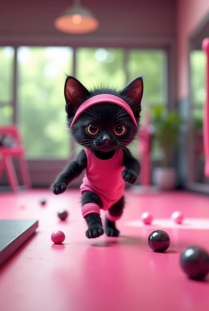 Black kitten dressed in pink training in the gym
