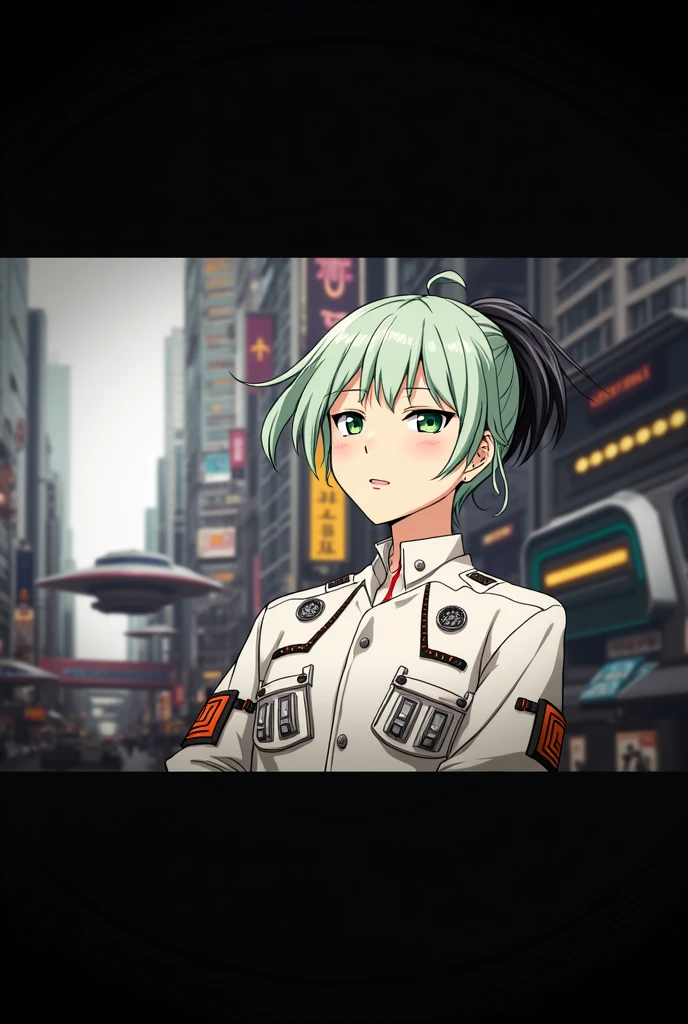 create an anime style image, that he is a 2 man, with a scientific coat, green hair with black in a cyberpunk future