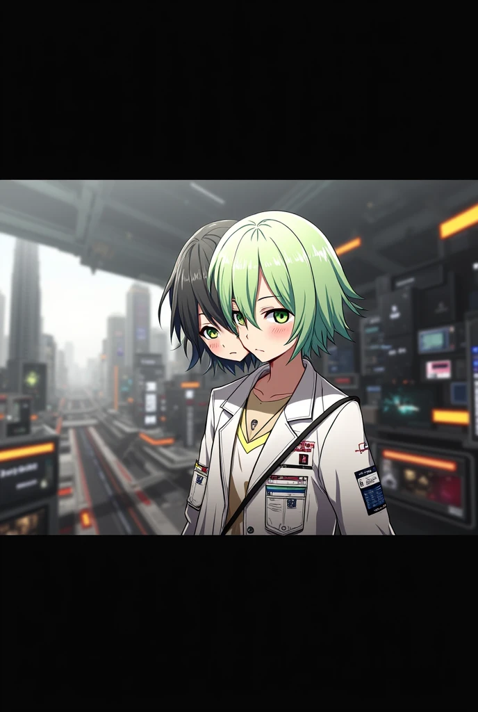 create an anime style image, that he is a 2 man, with a scientific coat, green hair with black in a cyberpunk future
