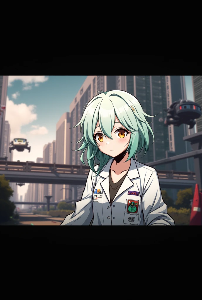 create an anime style image, that he is a 2 man, with a scientific coat, green hair with black in a cyberpunk future