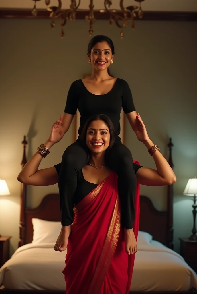 Beautiful and Slim Indian woman Aishwarya Rai in black blouse red saree , lifting a large chubby man above her shoulders, man is sitting on woman's shoulders, natural smile, in a bedroom with high ceiling at night