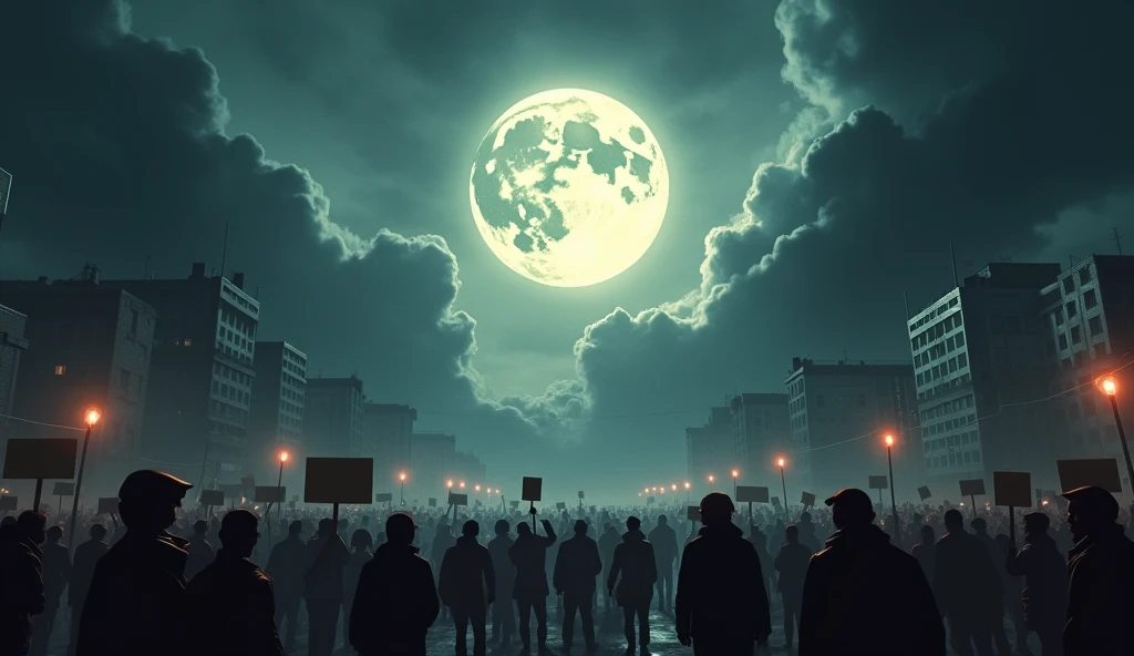 An intense scene of a city under a stormy sky with the Full Super Moon shining through dark clouds. Protesters and figures in power are visible in the foreground, with signs of change and revolution. The atmosphere is charged with urgency and transformative energy. --ar 16:9