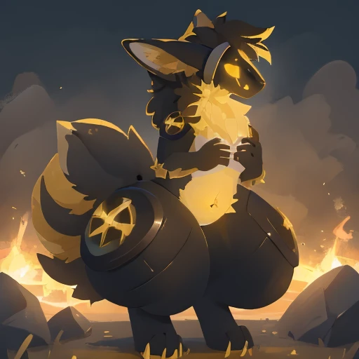 Female Protogen, with big hips, skinny, big breasts, big thighs, big ass, black hair, black and yellow fur, black and yellow fluffy tail attached to back of pelvis, and yellowish highlights. Yellow glowing eyes, black fur tufts, wearing black armor that covers her chest and thighs and ass, profile picture