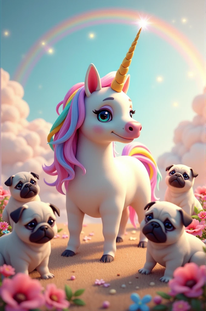 Rainbow unicorn with baby pugs