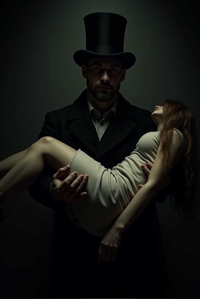 Man in top hat and short beard holding a teenage girl who passed out during the night