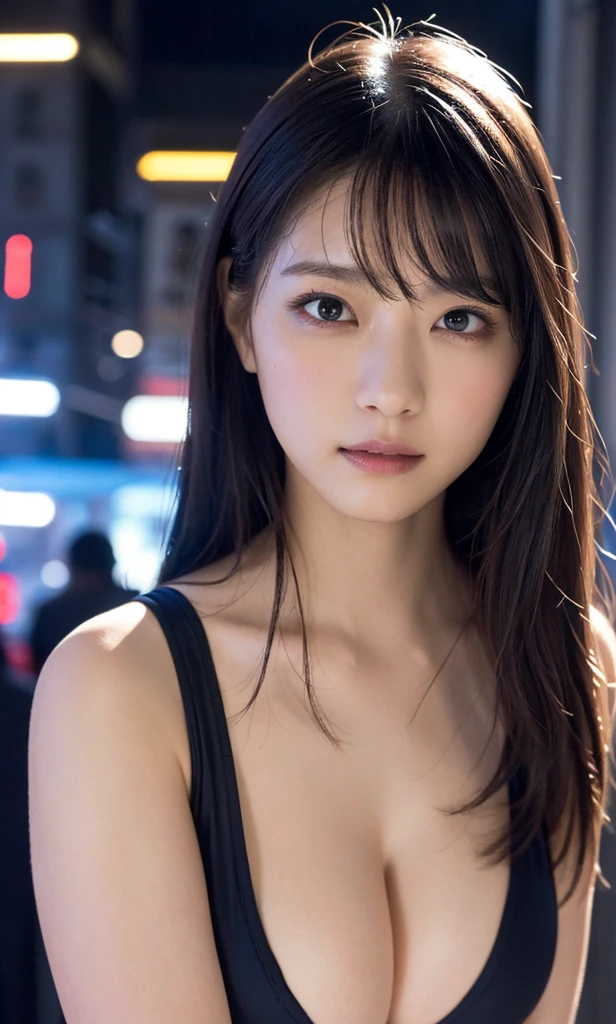a woman covered in intricate white cybernetics, blue led lights, battle suit, cleavage, high tech, ultra high def, 32k, (Bikini Cyborg robot parts), (detailed:1.4), cyberpunk city background, rainy street, beautiful face, golden long hair, professional lighting, masterpiece, very delicate and beautiful, professional photograph, (smiling:0.5)
