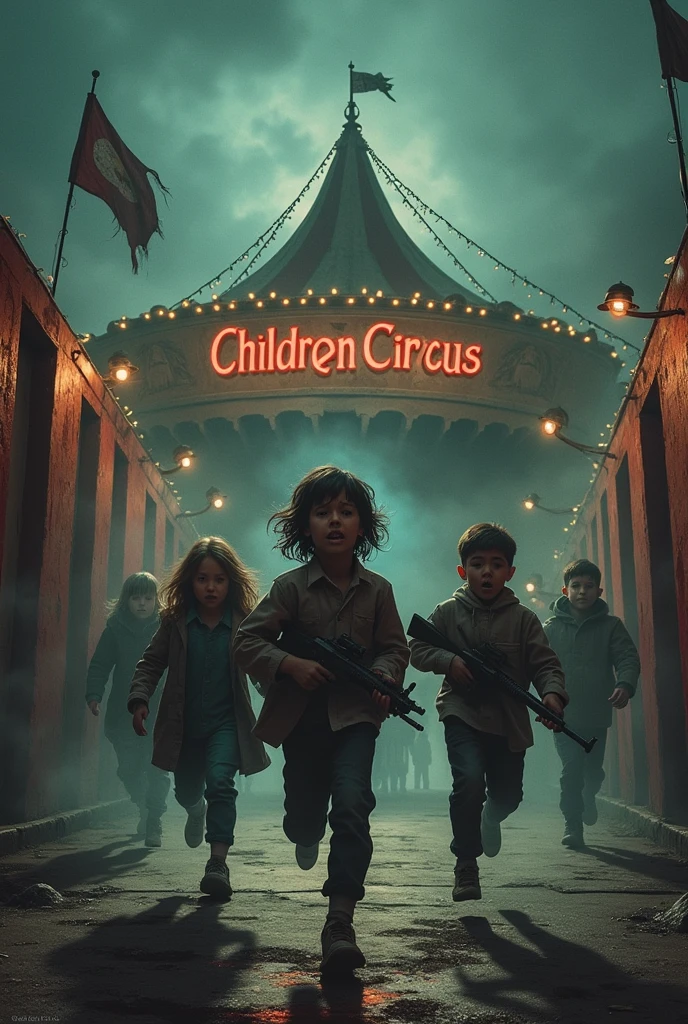 A trap album cover, with a circus in the background, with scared children coming out of it. They are armed, escrito childrens Circus