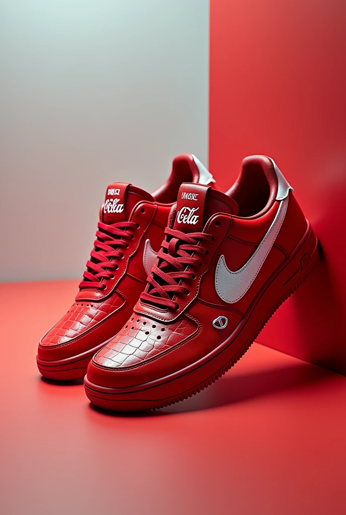 portrait artistic photo of a very fashionist coca-cola sport shoes , aligator leather,
