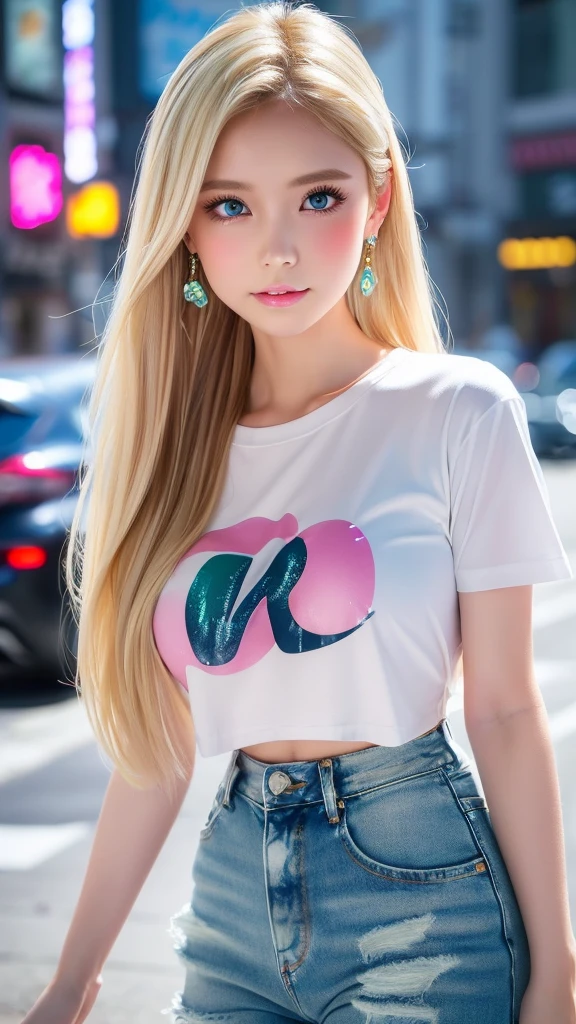 ((Highest quality)), ((masterpiece)), (detailed), high ponytail long hair, ((Blonde hair)), Beautiful girl, Very Cute Eyes, Green eyes, False eyelashes, (((Watery eye))), (Blushed:1.3), Glossy thick lips, Gorgeous ring-shaped earrings, shiny white skin, (Cropped T-shirt), wide denim pants, ((bulge)), outside, raining, crowded city, fogged, neon sign,