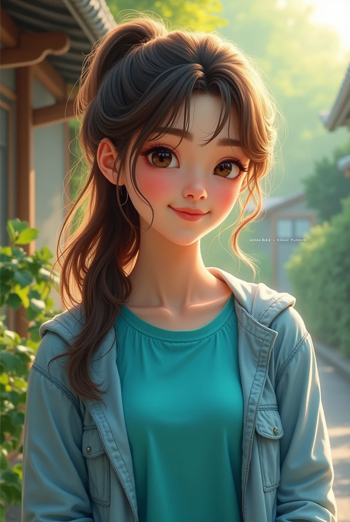 Brown hair ponytail girl wearing light blue jacket with cyan t-shirt