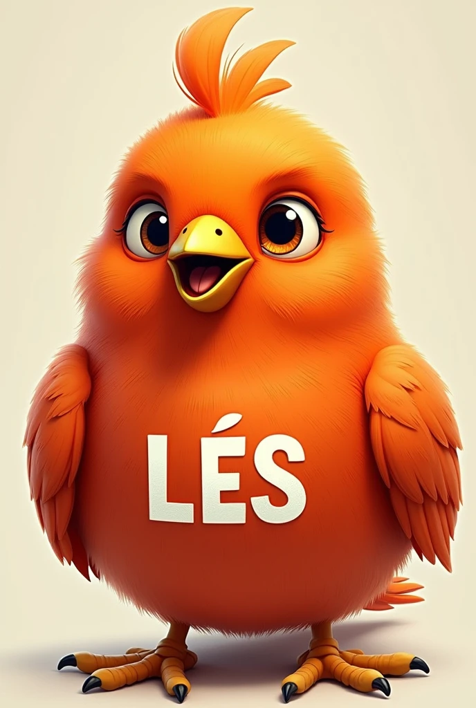 Orange bird, logo on the chest that says les, in relief of the feathers the feathers, but realistic, but happier,   Add LES logo in capital letters, A message comes out of the beak that says copied in a dialog box, in Spanish, the LES logo simulating the plumage
