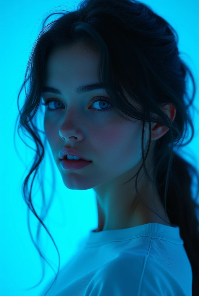 A realistic image of a woman with dark brown hair, blue eyes, very beautiful, with a white sweatshirt, parts, phosphorescent blue background